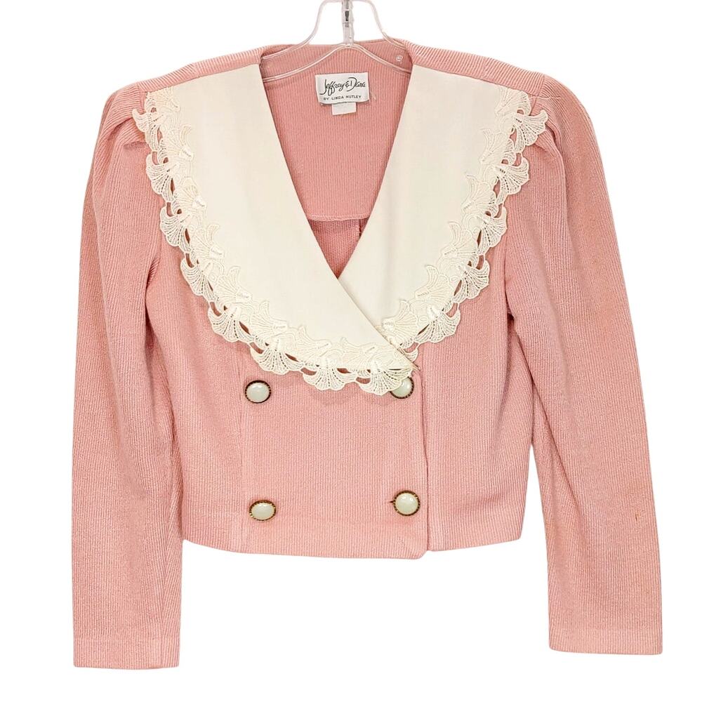 Jeffrey & Dara Crop Cardigan Sweater Double Breasted Pink White Womens Size S